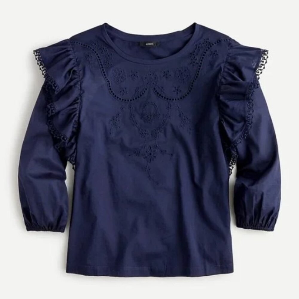 💙 NEW J. Crew Navy Ruffled Eyelet Blouse Top XL